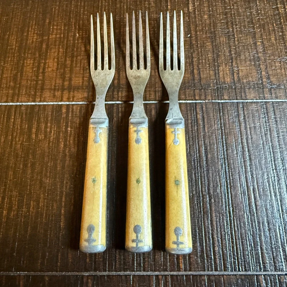 Antique Primitive Bone Handle Forks Set of 3 Pewter Inlay Rustic Flatware 7.25